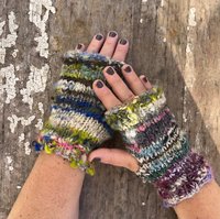 Handspun handknit wristwarmers, scrappy hippie sparkly blues, greens and purples
