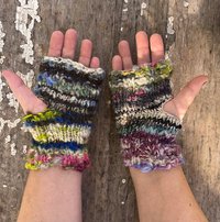 Handspun handknit wristwarmers, scrappy hippie sparkly blues, greens and purples
