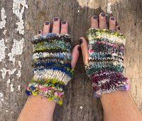 Handspun handknit wristwarmers, scrappy hippie sparkly blues, greens and purples