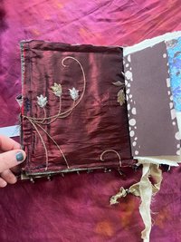 Owls, stars, satin and beaded fringe handmade flexible art journal. Upcycled, luxurious, one of a kind.