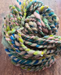 Renewal - jumbo two ply art yarn, teal, green, peach and yellow