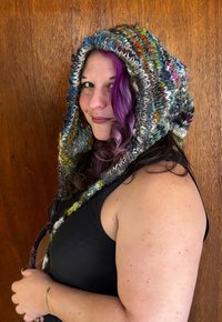 Handknit scrappy elf hood hat, handspun yarn