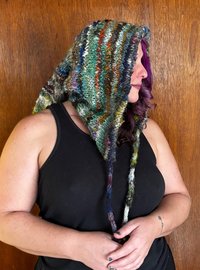 Handknit scrappy elf hood hat, handspun yarn