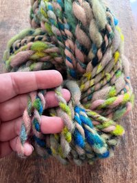 Renewal - jumbo two ply art yarn, teal, green, peach and yellow