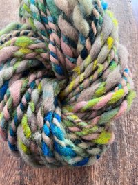 Renewal - jumbo two ply art yarn, teal, green, peach and yellow