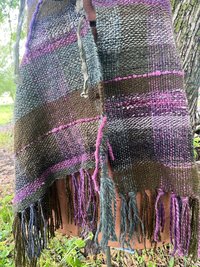 Forest Witch handspun handwoven fringed alpaca wrap, mossy green and plum