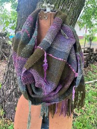Forest Witch handspun handwoven fringed alpaca wrap, mossy green and plum
