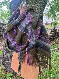 Forest Witch handspun handwoven fringed alpaca wrap, mossy green and plum