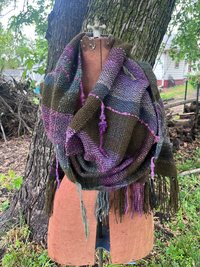 Forest Witch handspun handwoven fringed alpaca wrap, mossy green and plum