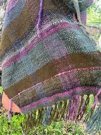 Forest Witch handspun handwoven fringed alpaca wrap, mossy green and plum
