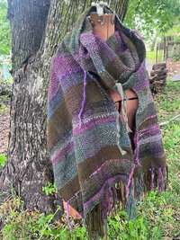 Forest Witch handspun handwoven fringed alpaca wrap, mossy green and plum