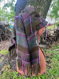 Forest Witch handspun handwoven fringed alpaca wrap, mossy green and plum