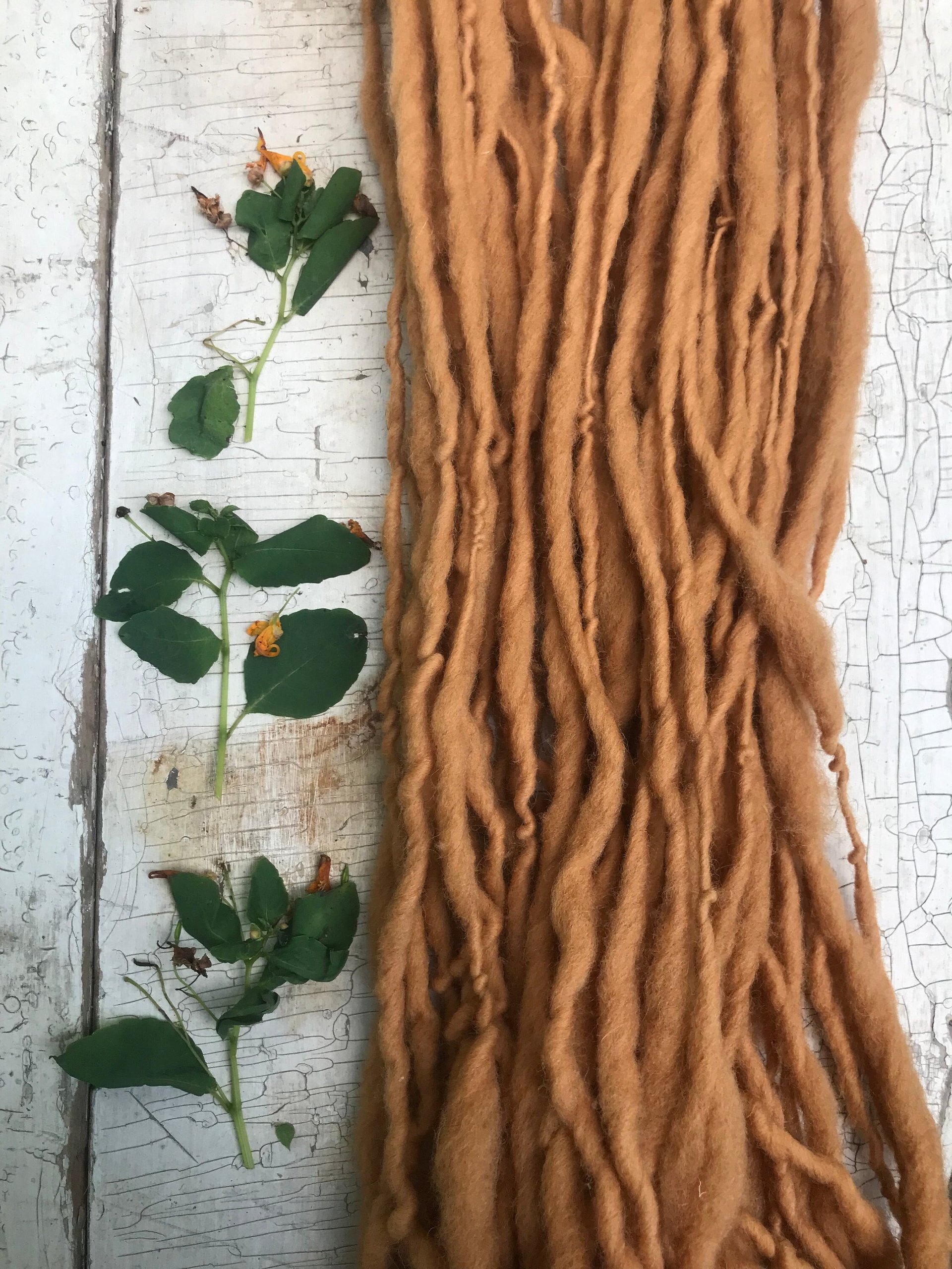 Jewelweed naturally dyed handspun yarn, 50 yards