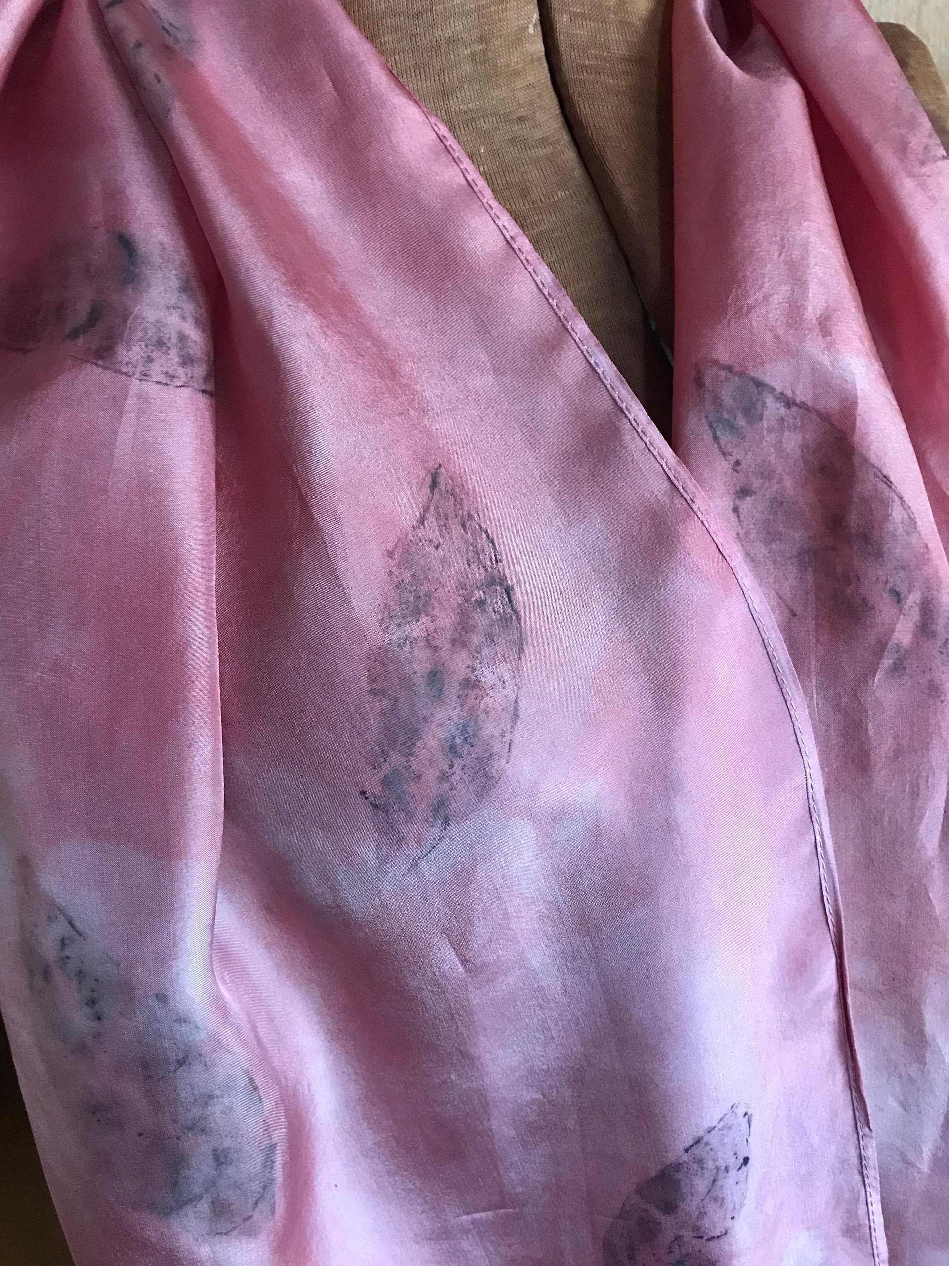 Pink leaves - naturally hand dyed silk scarf