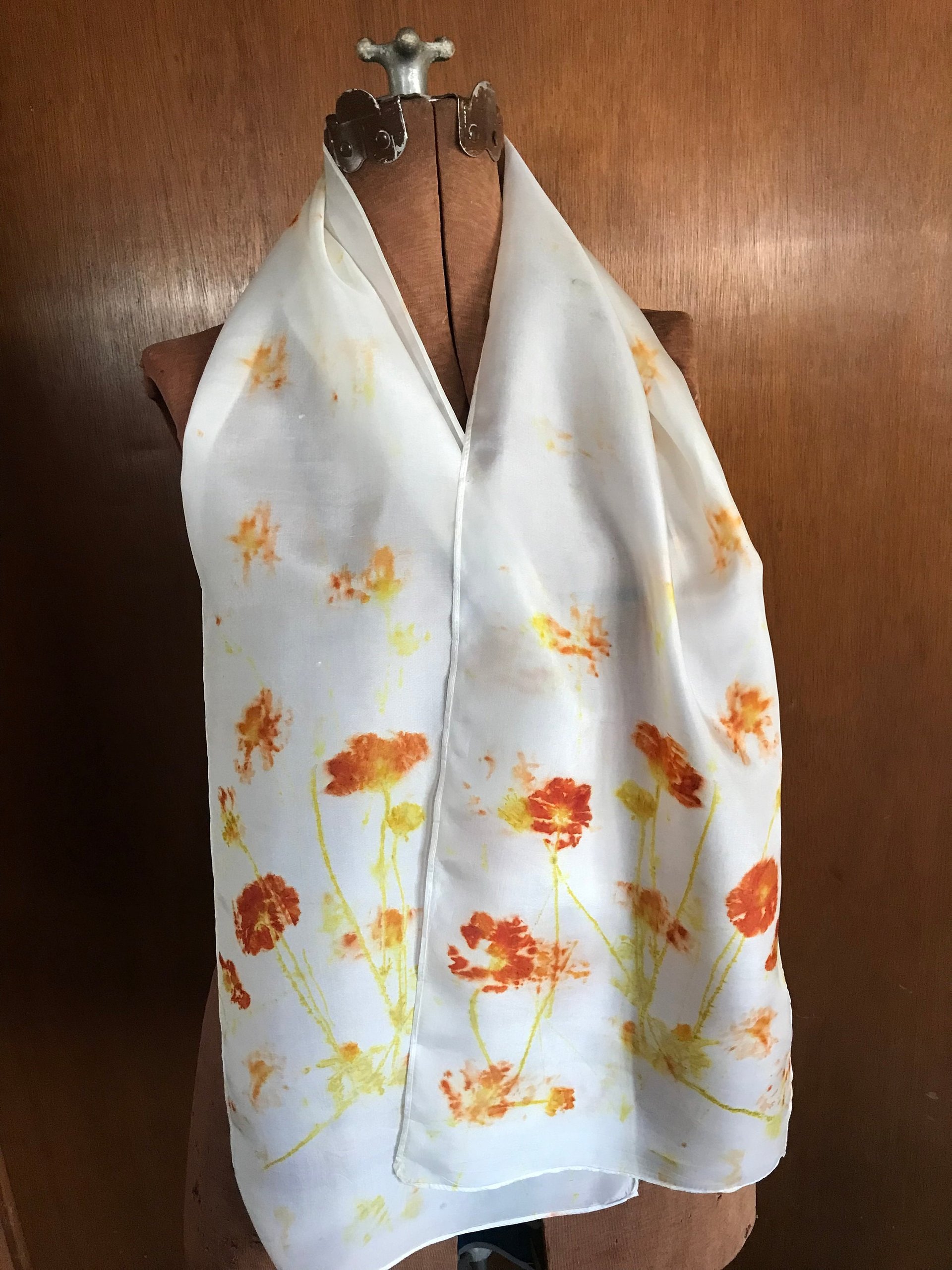 Orange Flowers naturally hand dyed silk scarf