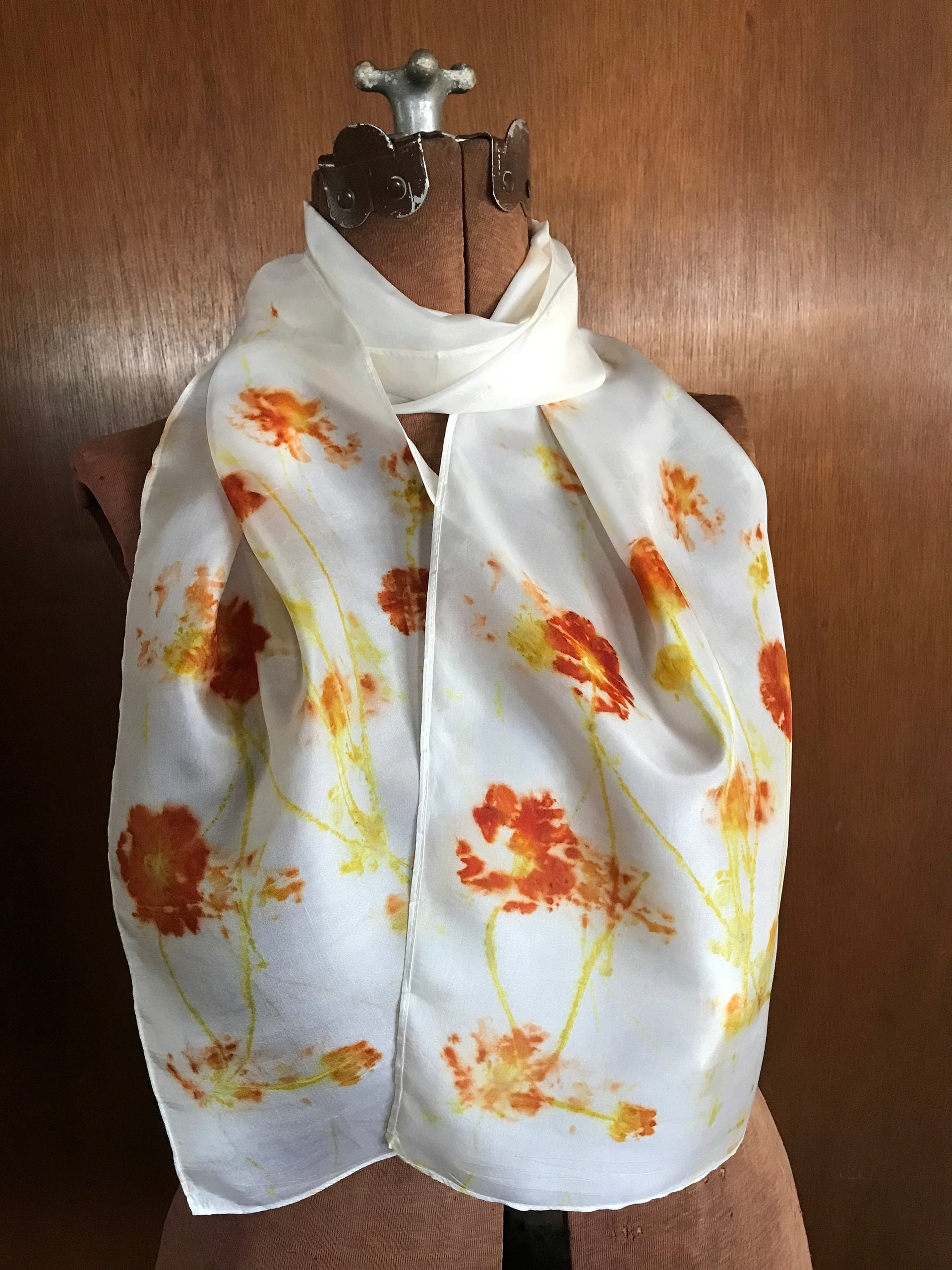 Orange Flowers naturally hand dyed silk scarf