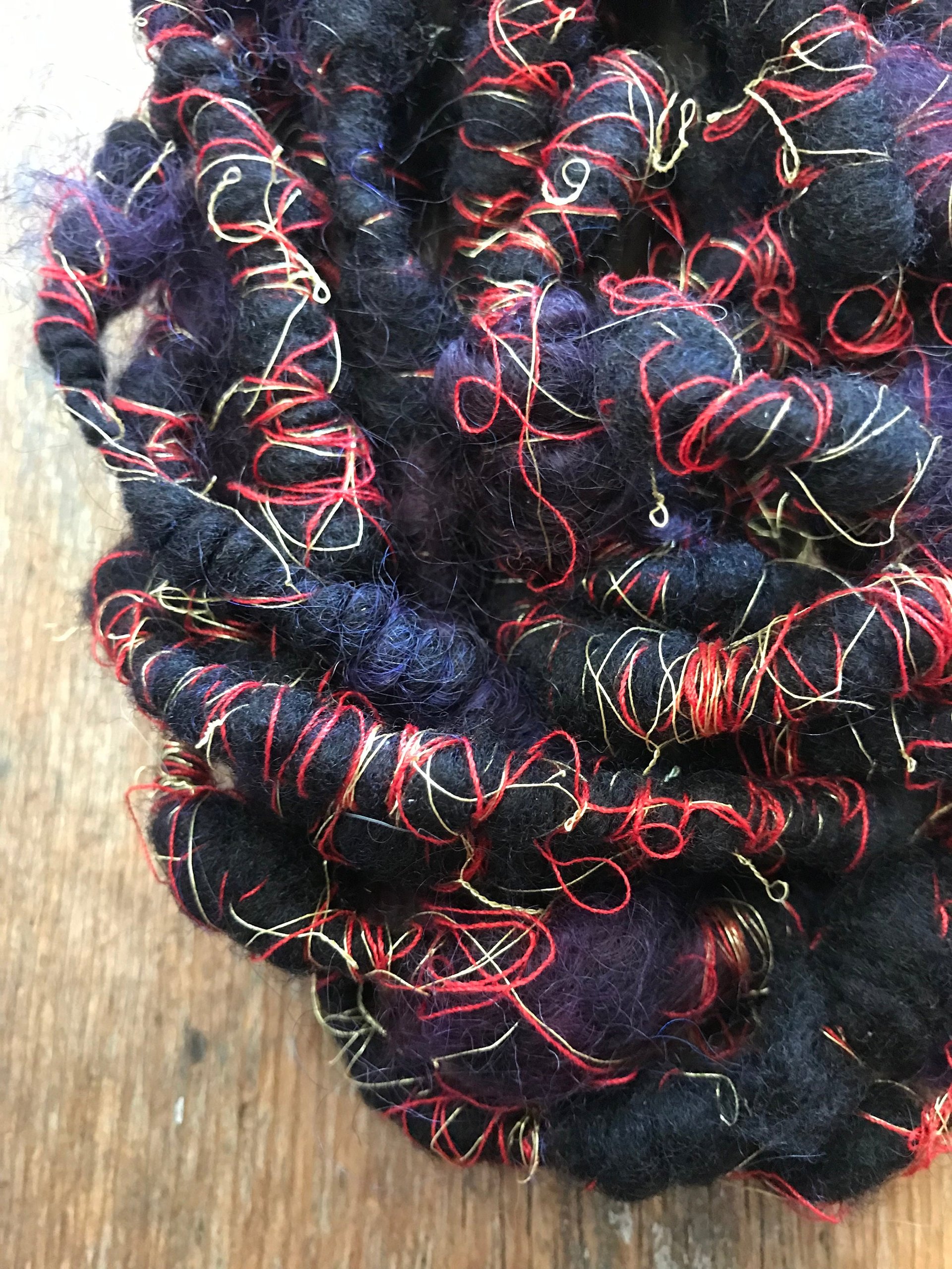 Vesuvius wrapped art yarn coils, 7 yards