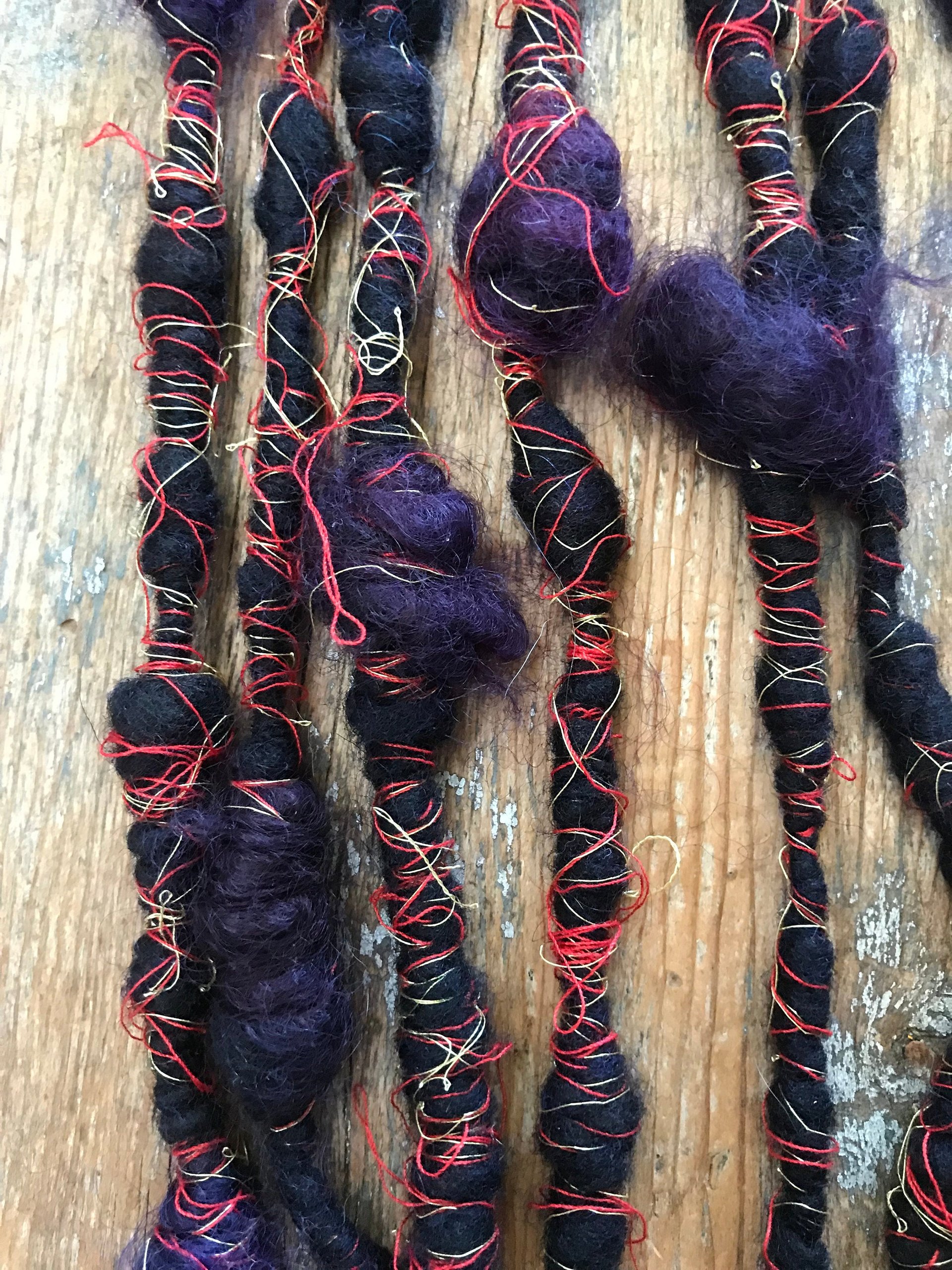 Vesuvius wrapped art yarn coils, 7 yards