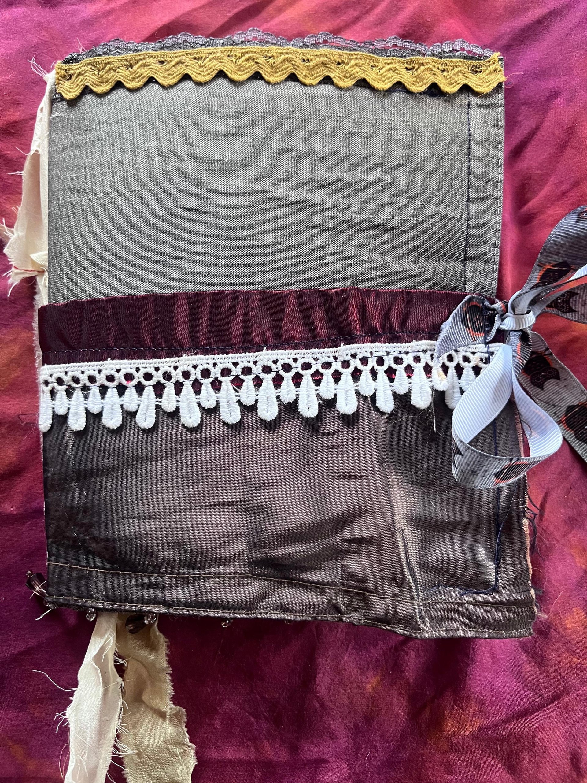 Owls, stars, satin and beaded fringe handmade flexible art journal. Upcycled, luxurious, one of a kind.