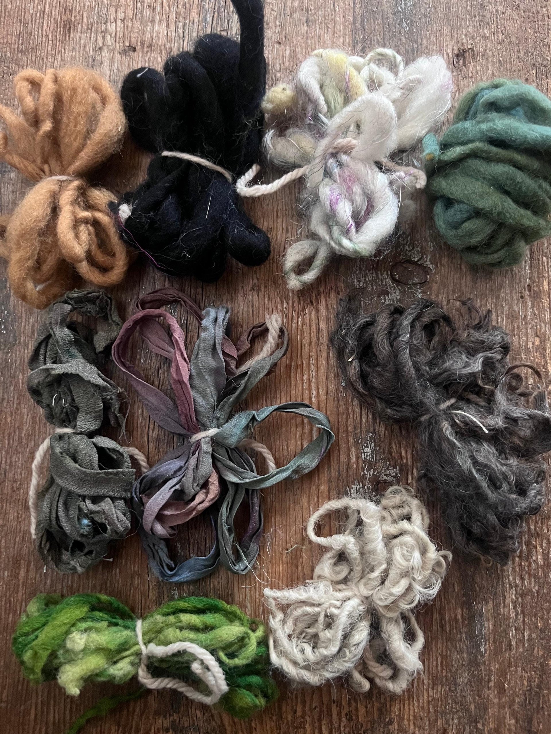 20 Mini Skein Art Yarn Sampler - Greens And Neutrals, Weaving, Junk Journal, Doll Making, Felting