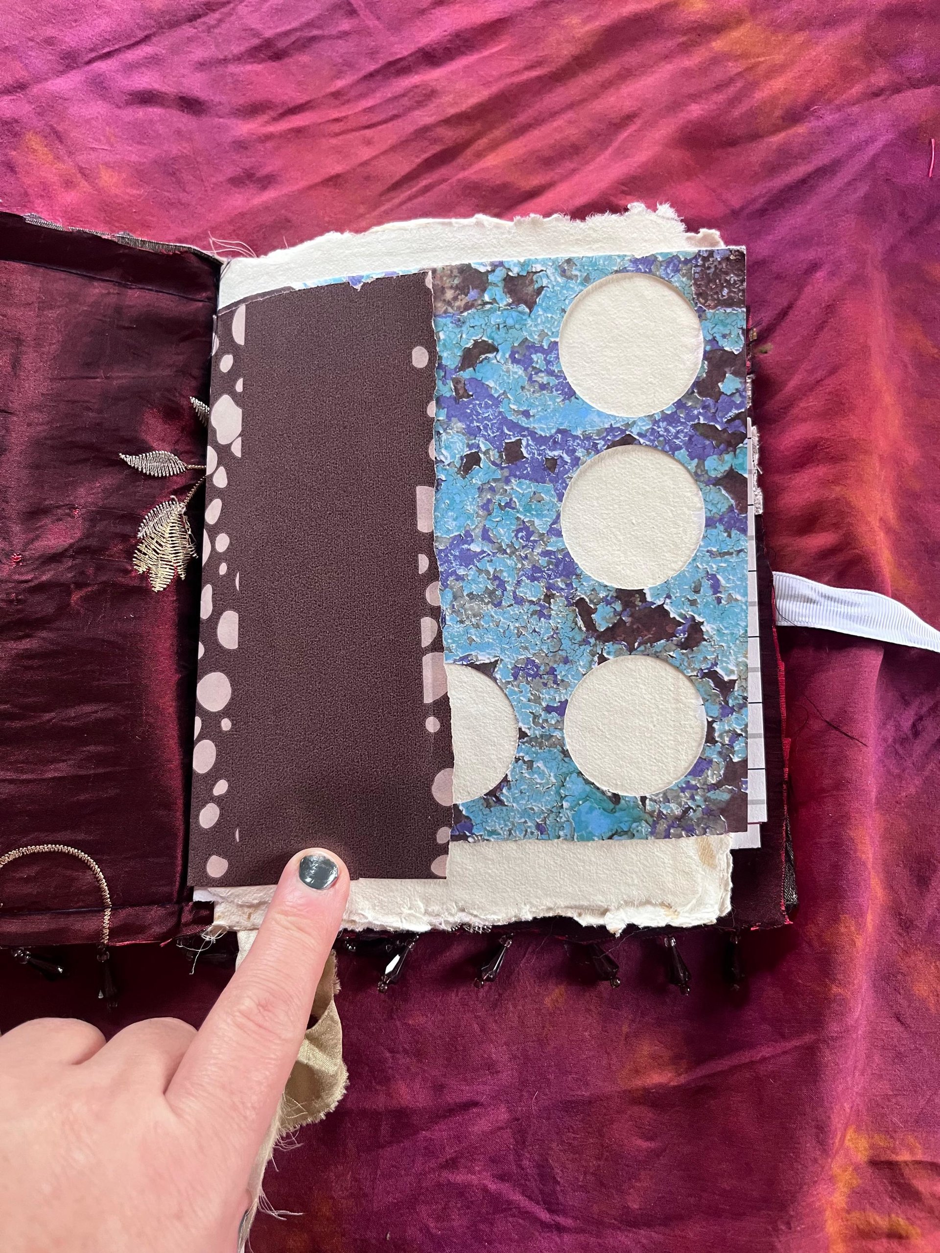 Owls, stars, satin and beaded fringe handmade flexible art journal. Upcycled, luxurious, one of a kind.