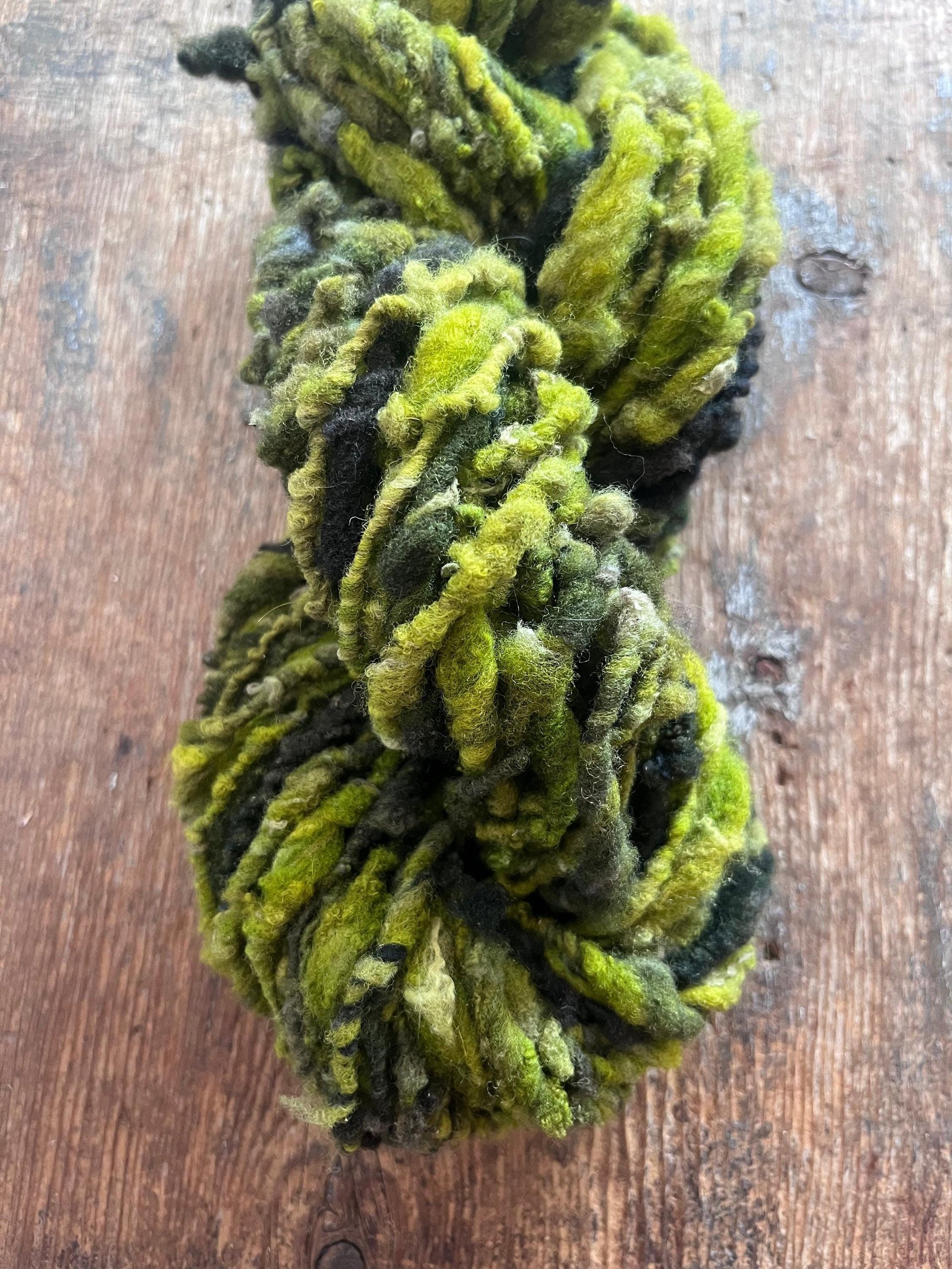 Zen - chartreuse and forest green nubbly handspun southdown wool art yarn