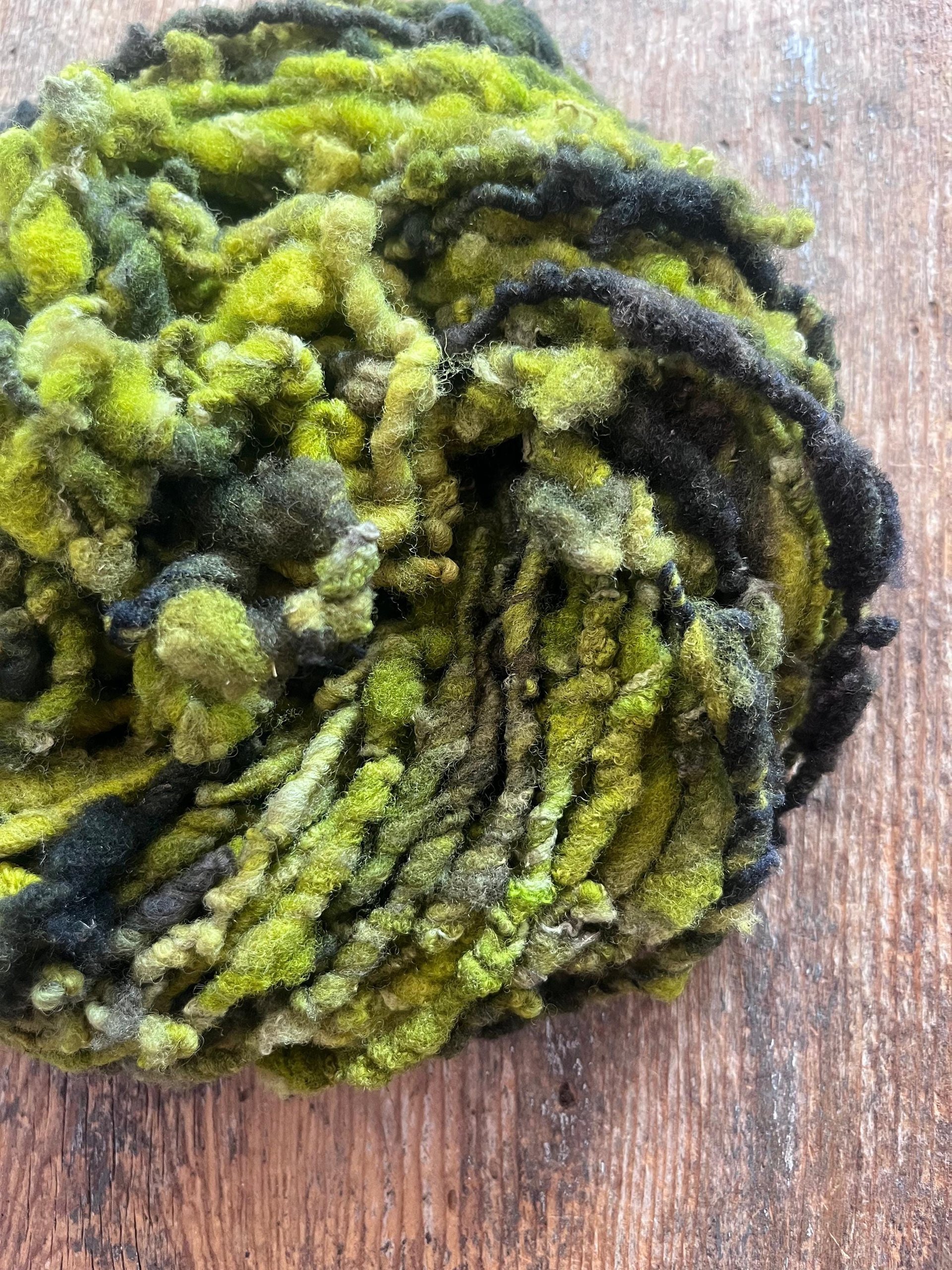Zen - chartreuse and forest green nubbly handspun southdown wool art yarn