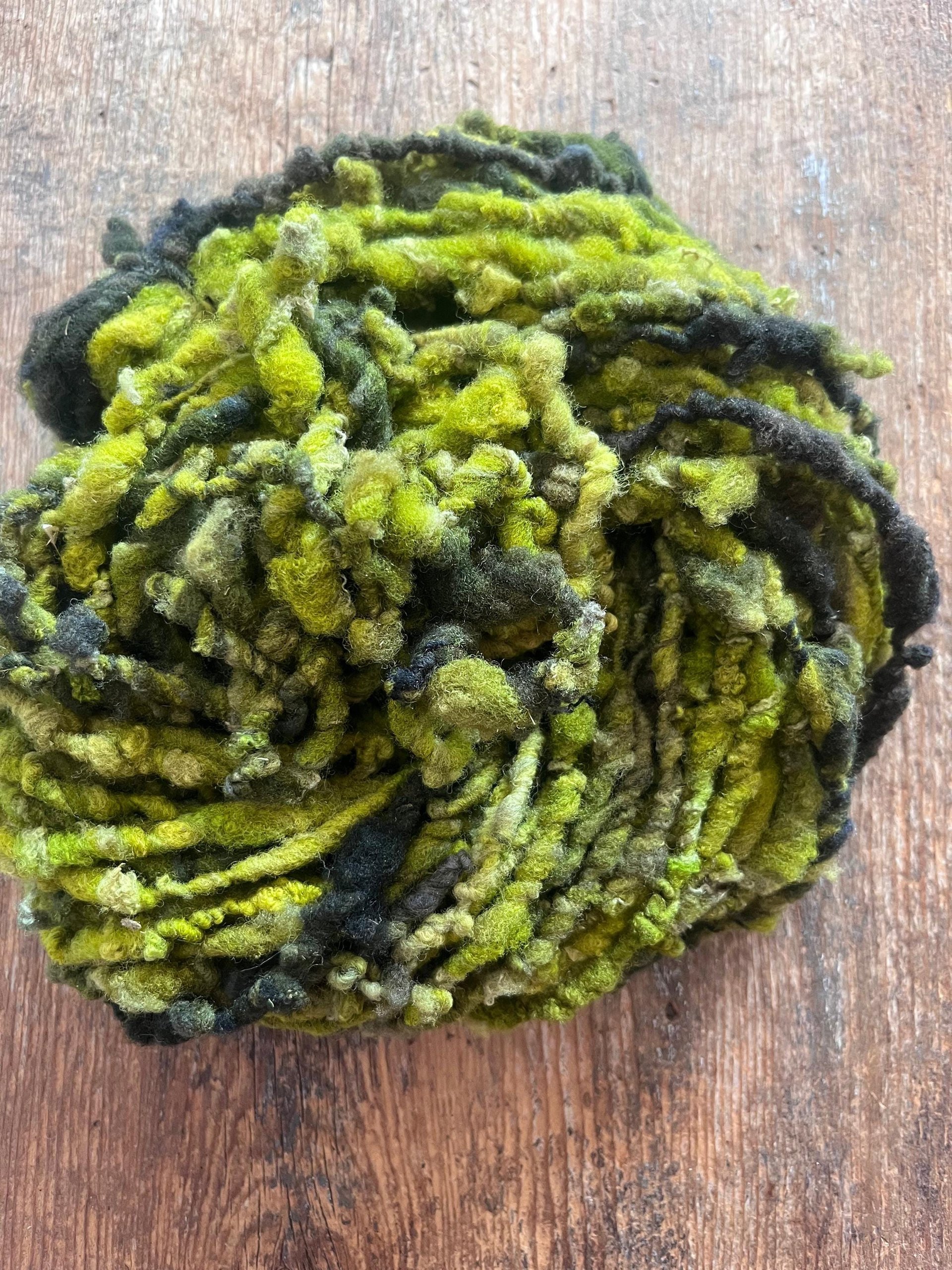 Zen - chartreuse and forest green nubbly handspun southdown wool art yarn