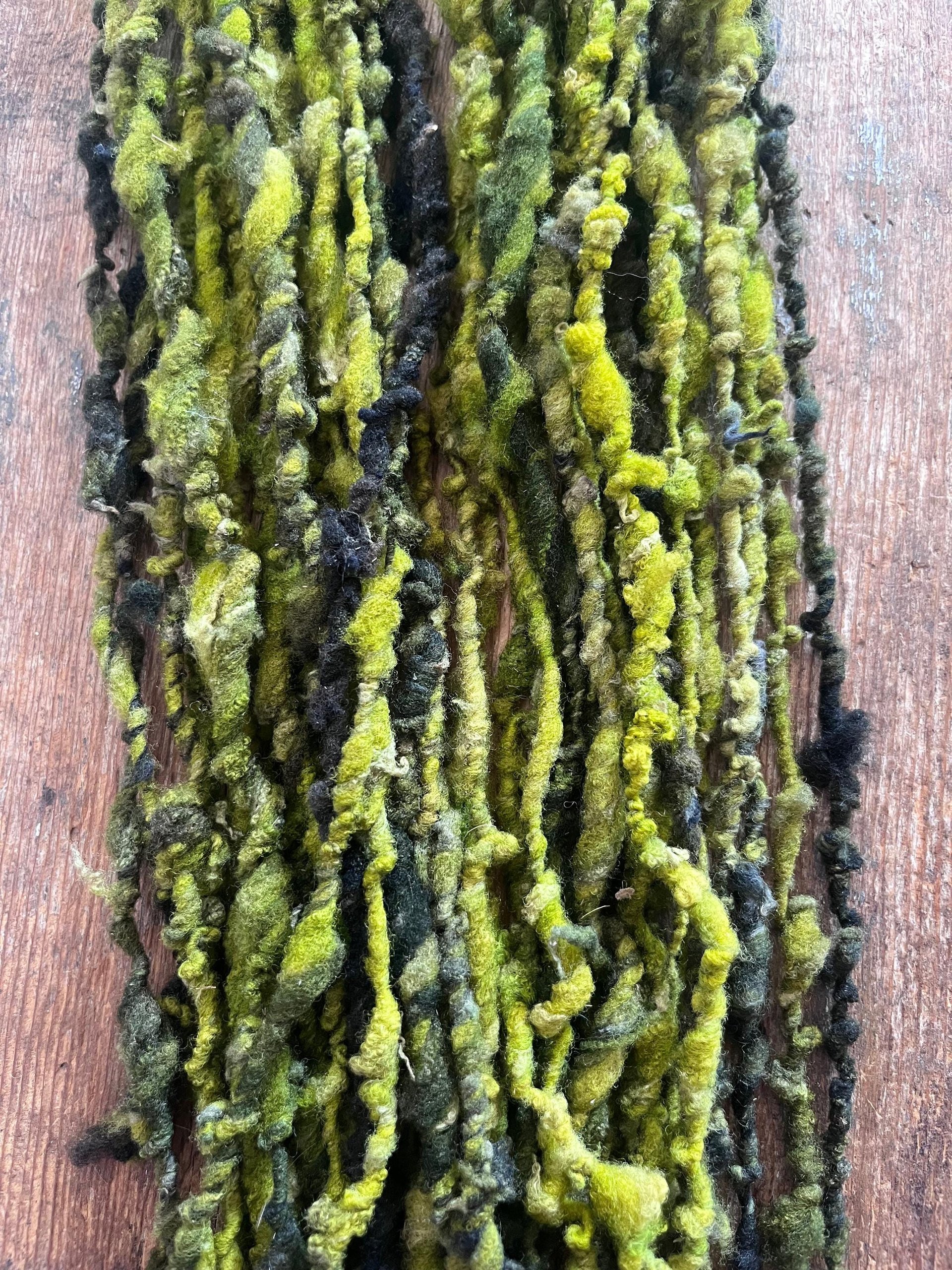 Zen - chartreuse and forest green nubbly handspun southdown wool art yarn
