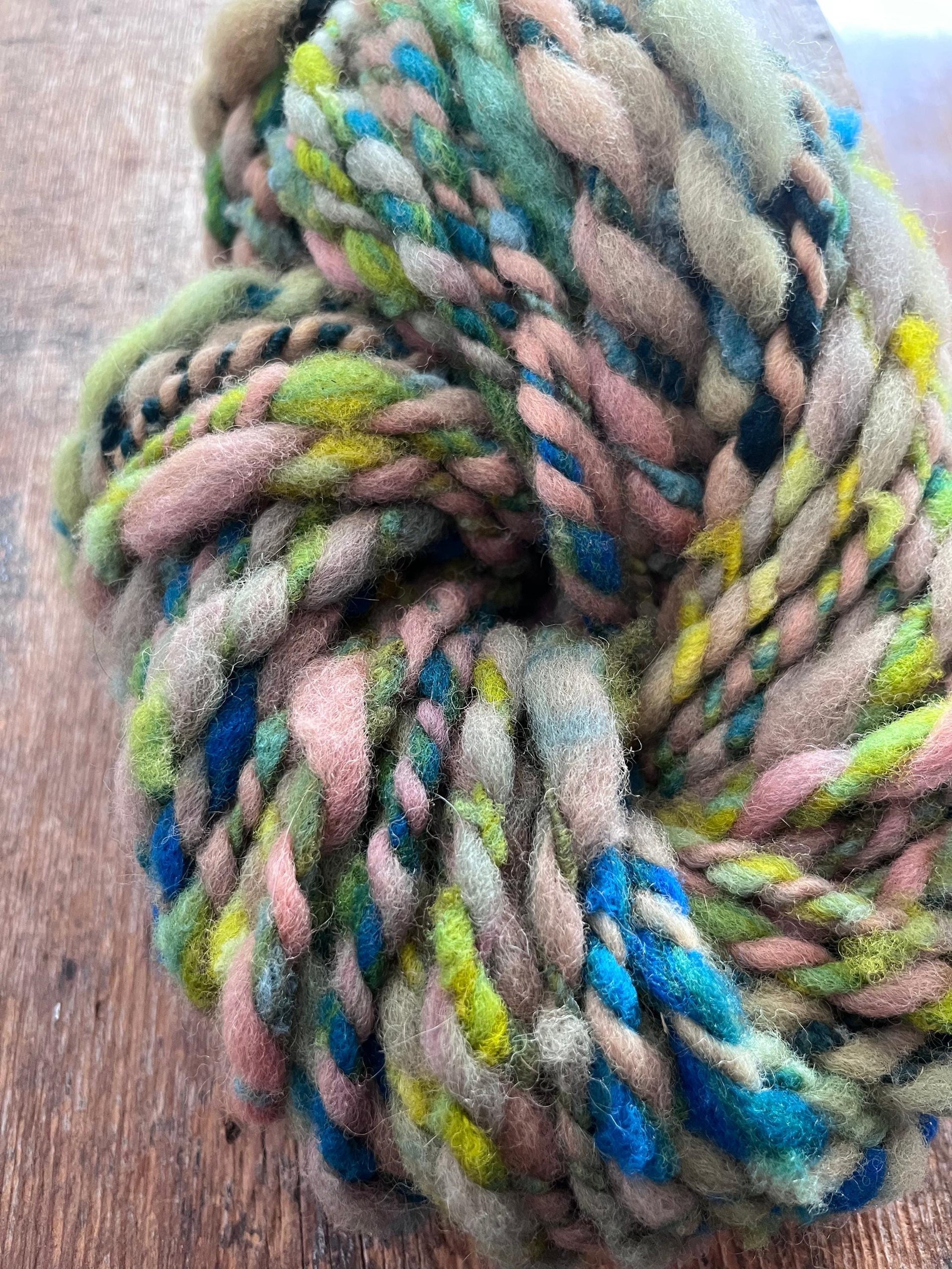 Renewal - jumbo two ply art yarn, teal, green, peach and yellow