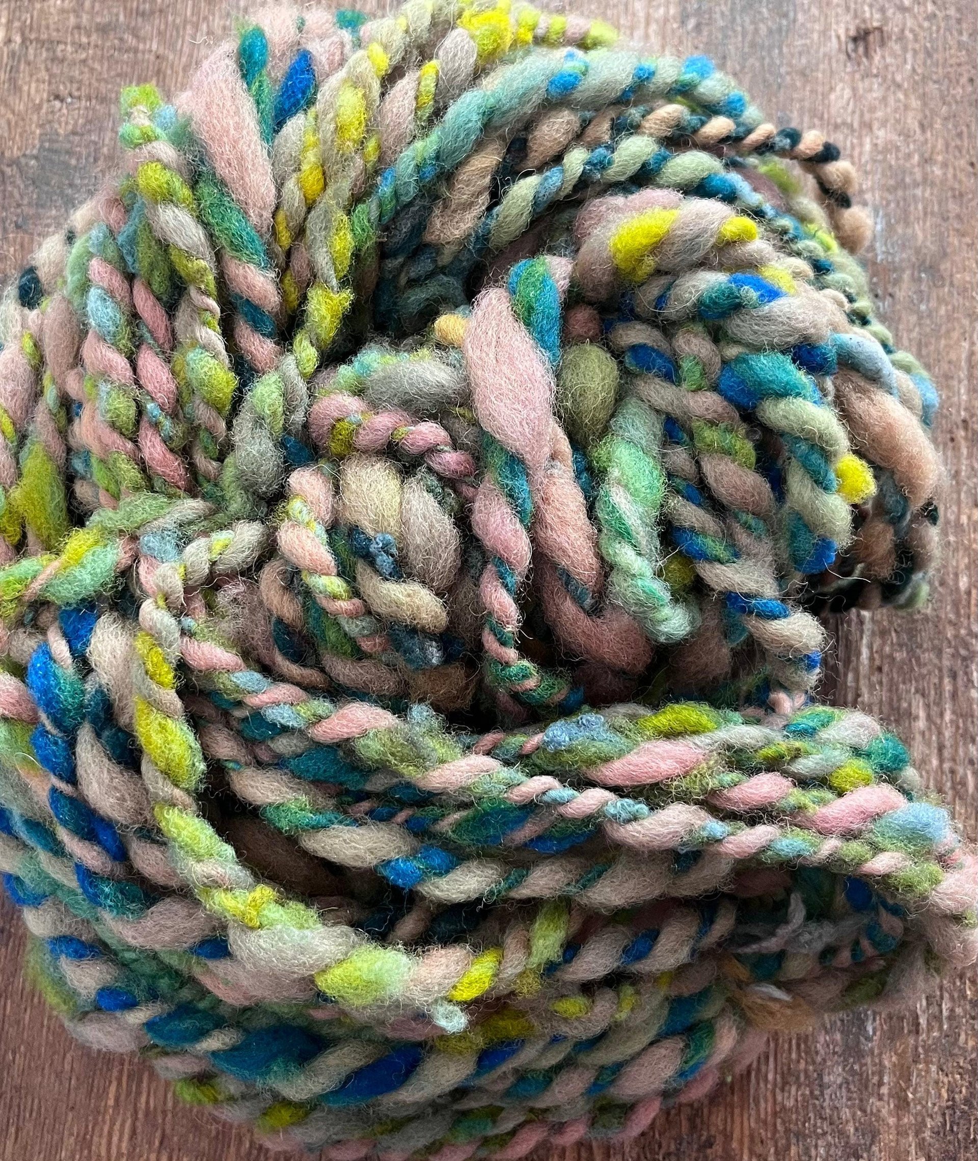 Renewal - jumbo two ply art yarn, teal, green, peach and yellow