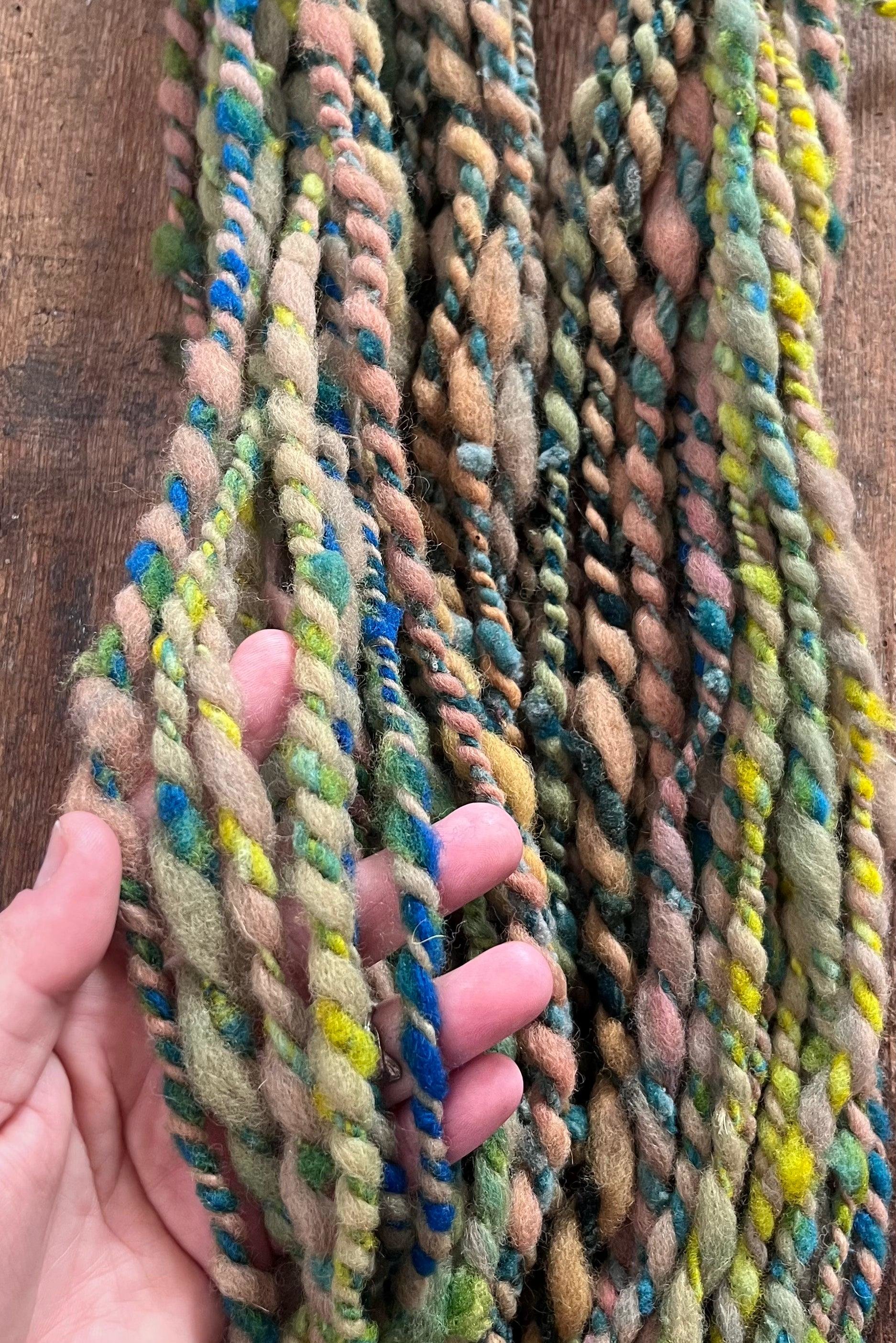 Renewal - jumbo two ply art yarn, teal, green, peach and yellow