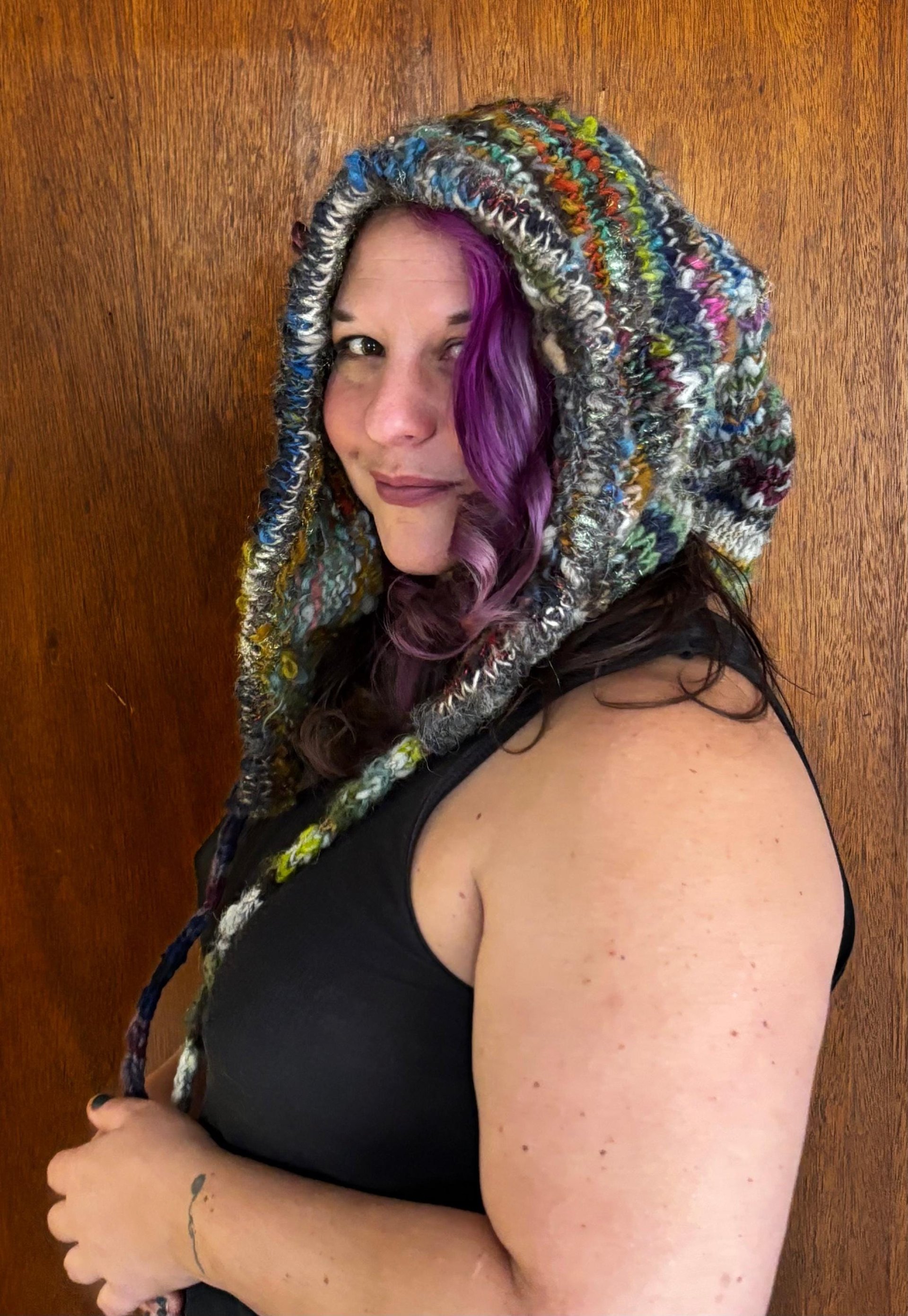 Handknit scrappy elf hood hat, handspun yarn