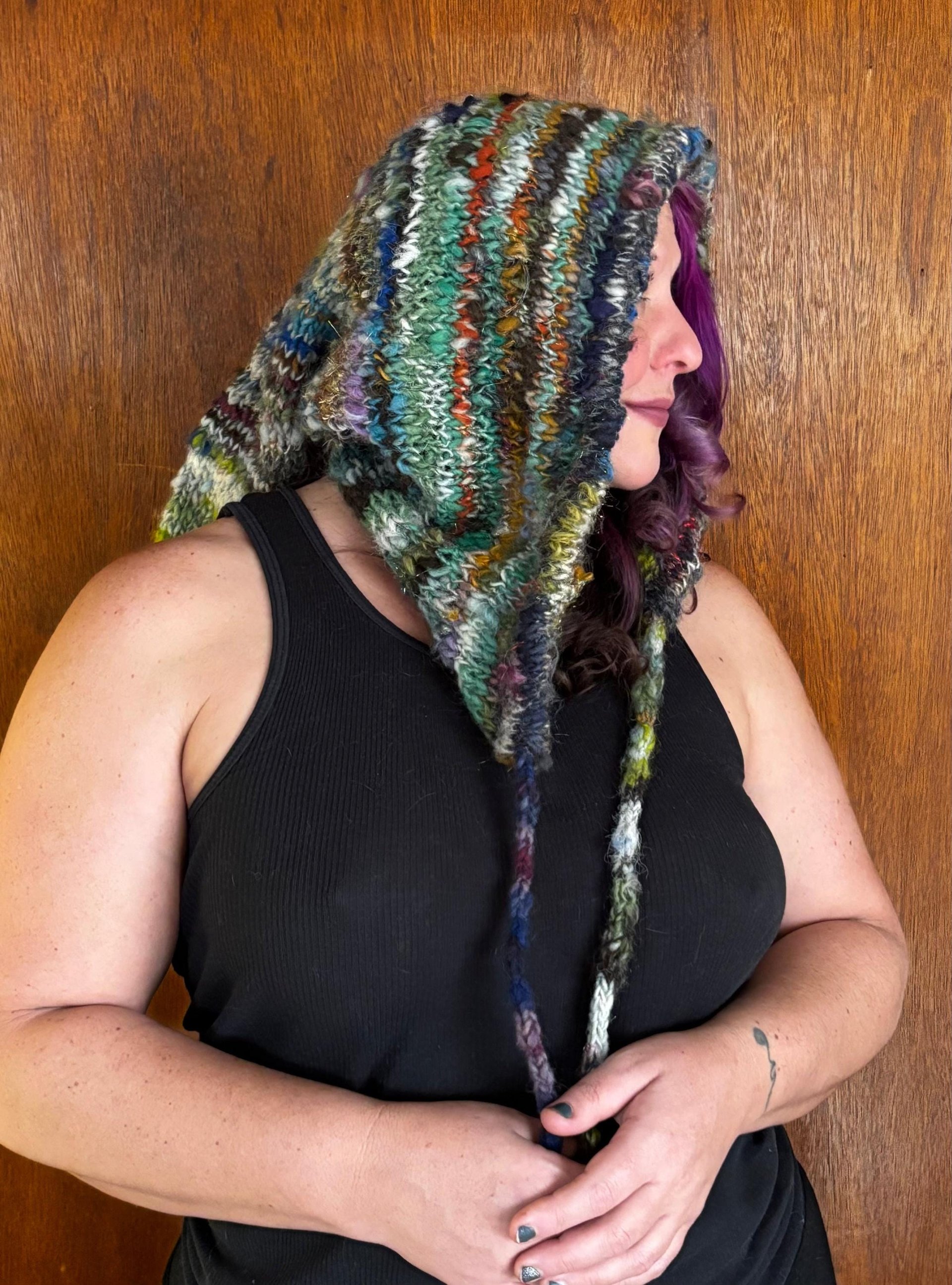 Handknit scrappy elf hood hat, handspun yarn