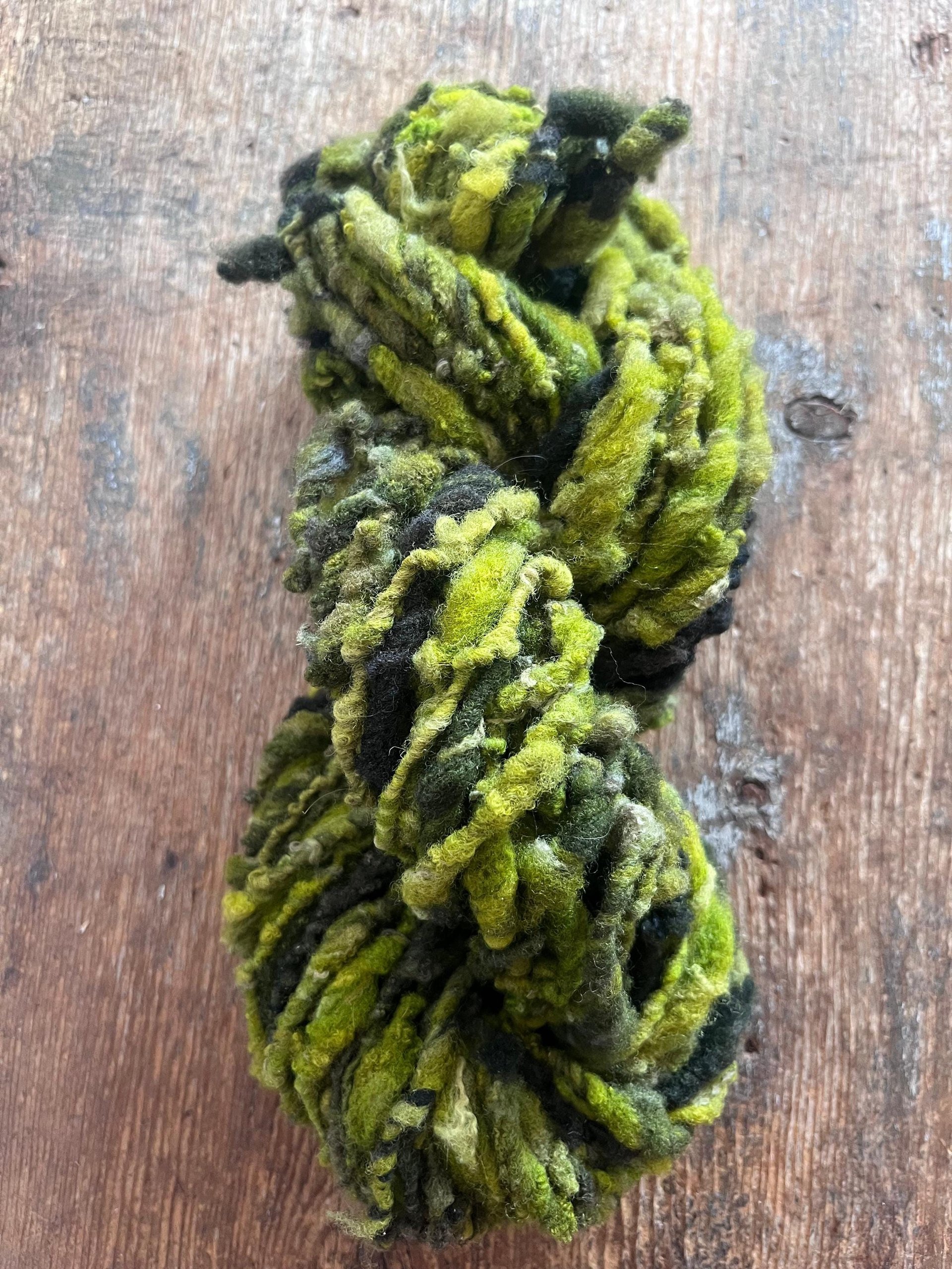 Zen - chartreuse and forest green nubbly handspun southdown wool art yarn
