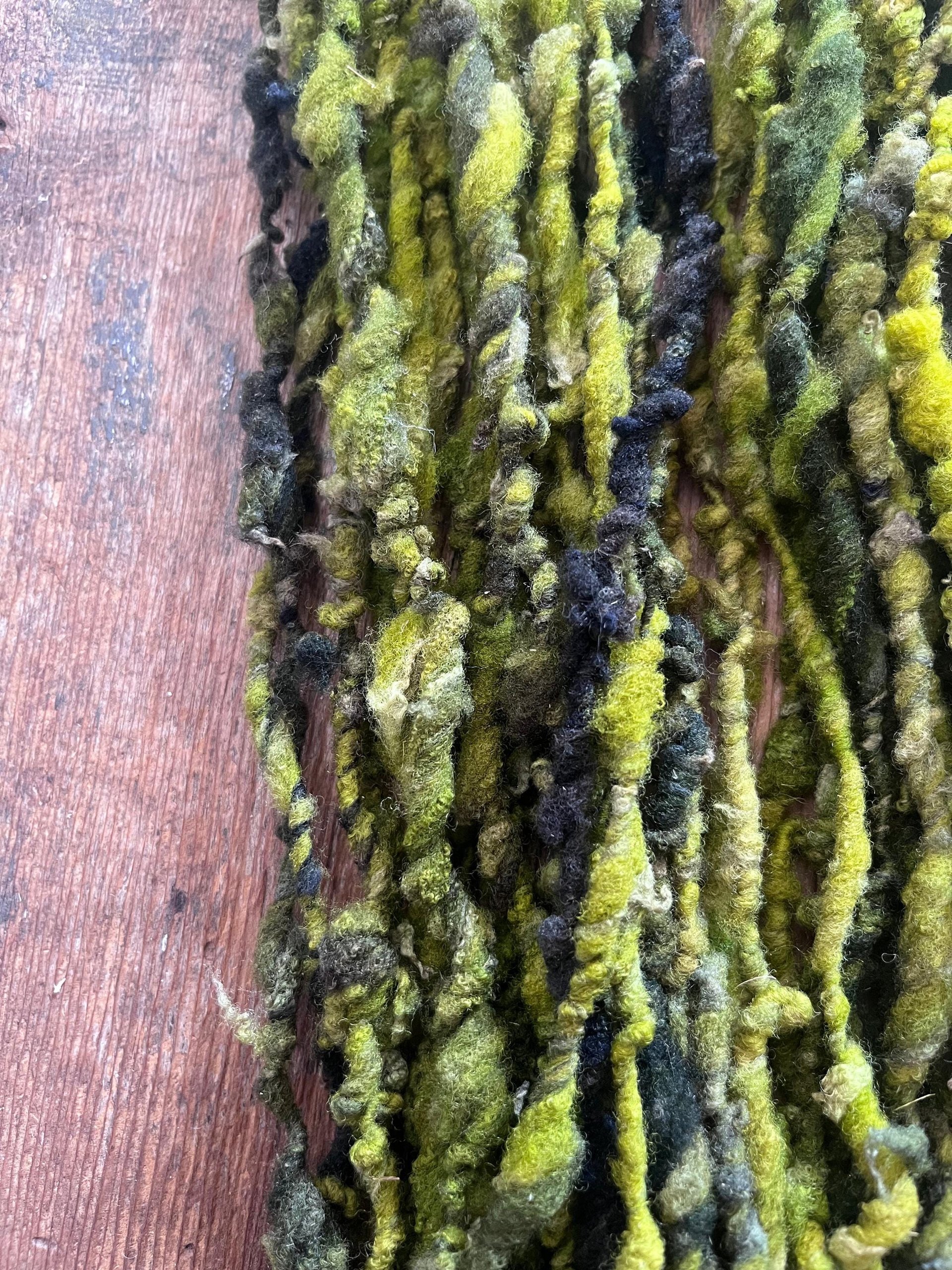 Zen - chartreuse and forest green nubbly handspun southdown wool art yarn