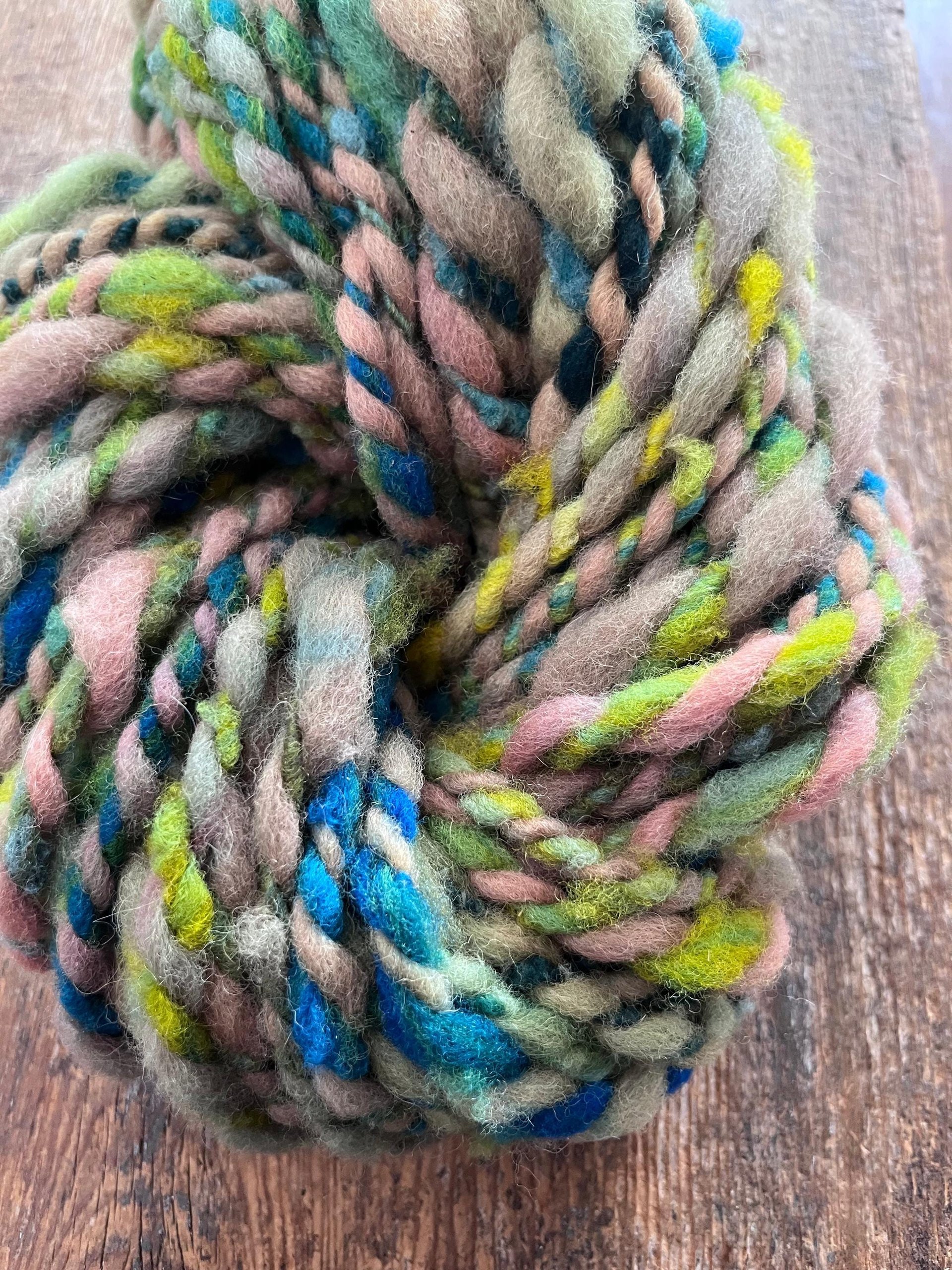 Renewal - jumbo two ply art yarn, teal, green, peach and yellow