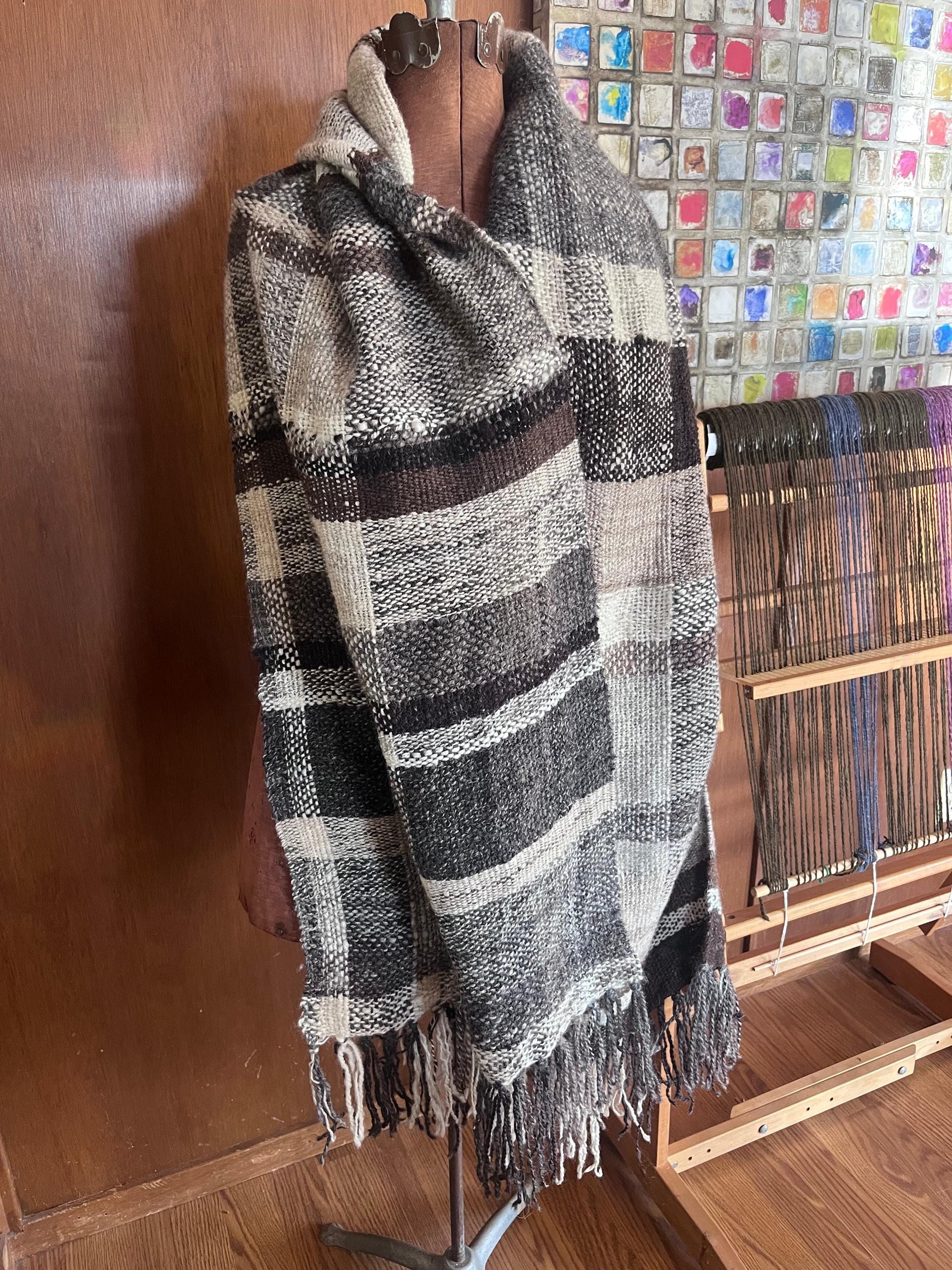 Natural colors handspun handwoven wool wrap, SCA, ren faire, undyed, rustic heirloom shawl