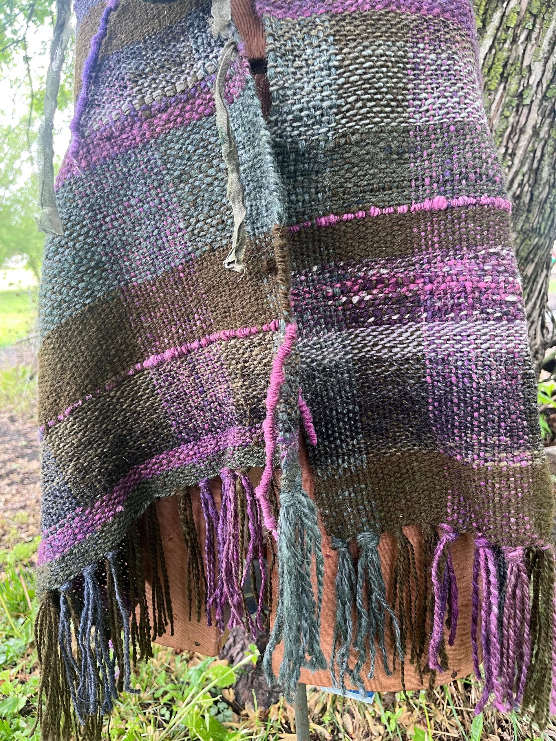 Forest Witch handspun handwoven fringed alpaca wrap, mossy green and plum