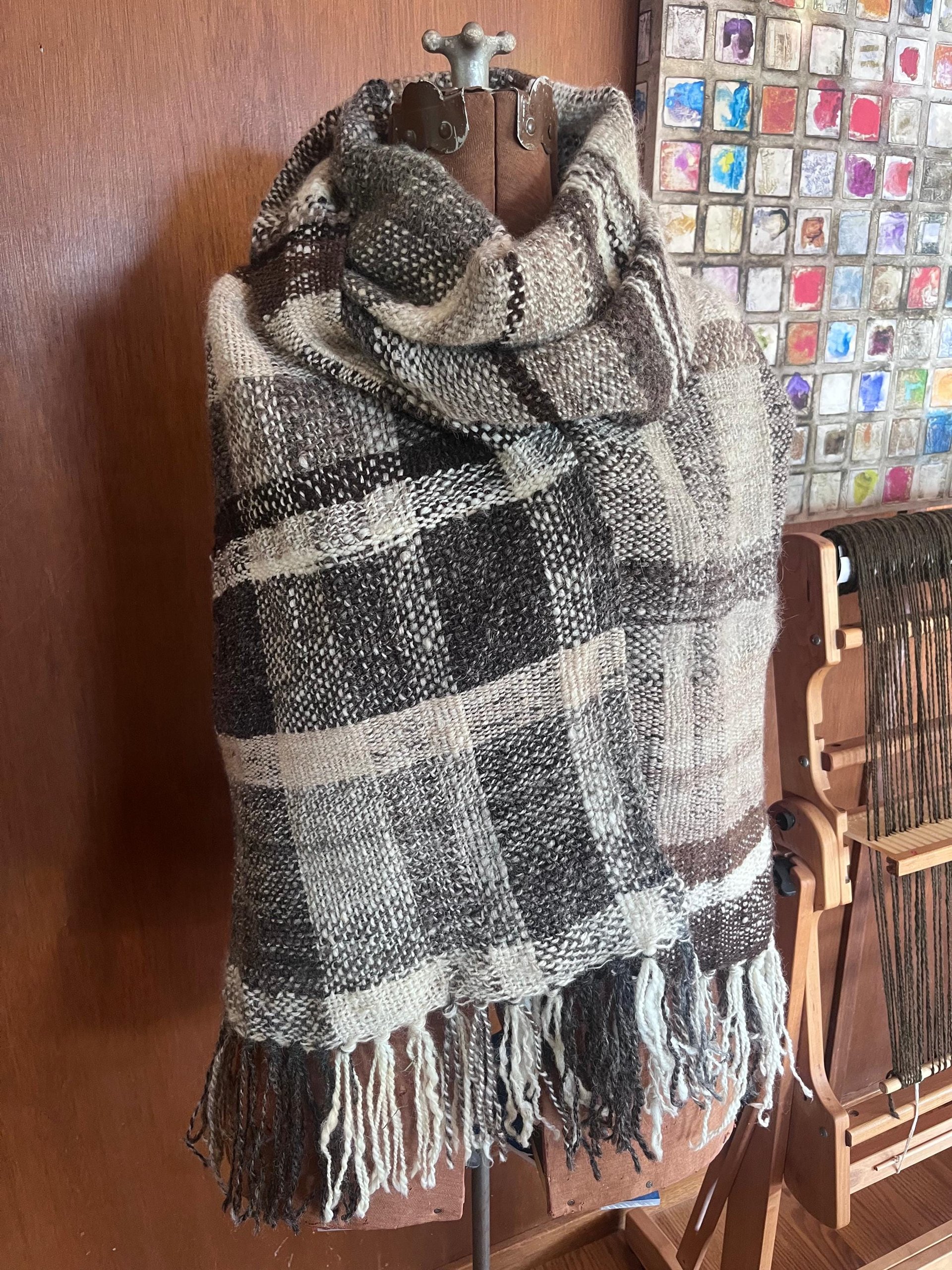 Natural colors handspun handwoven wool wrap, SCA, ren faire, undyed, rustic heirloom shawl
