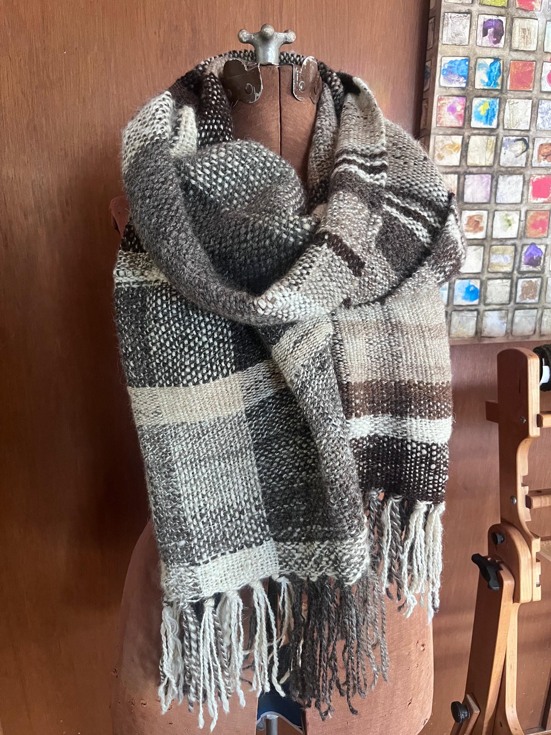 Natural colors handspun handwoven wool wrap, SCA, ren faire, undyed, rustic heirloom shawl