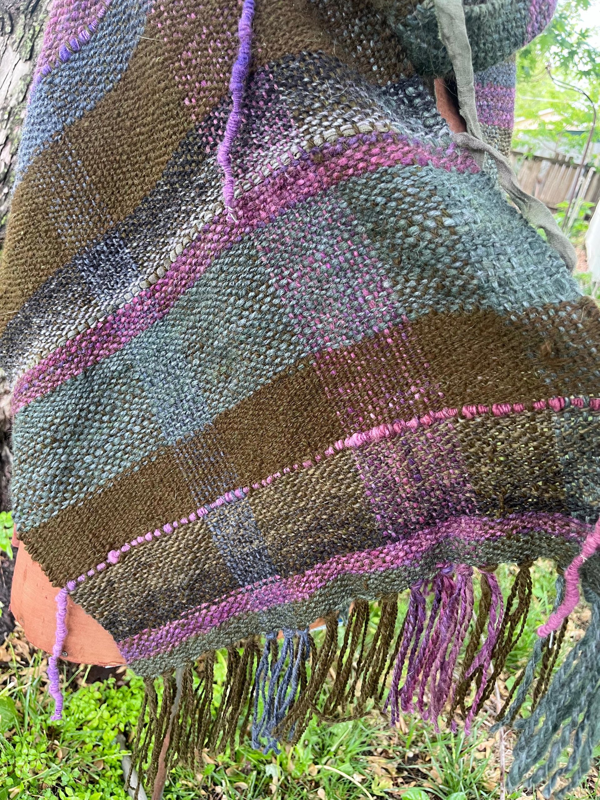 Forest Witch handspun handwoven fringed alpaca wrap, mossy green and plum