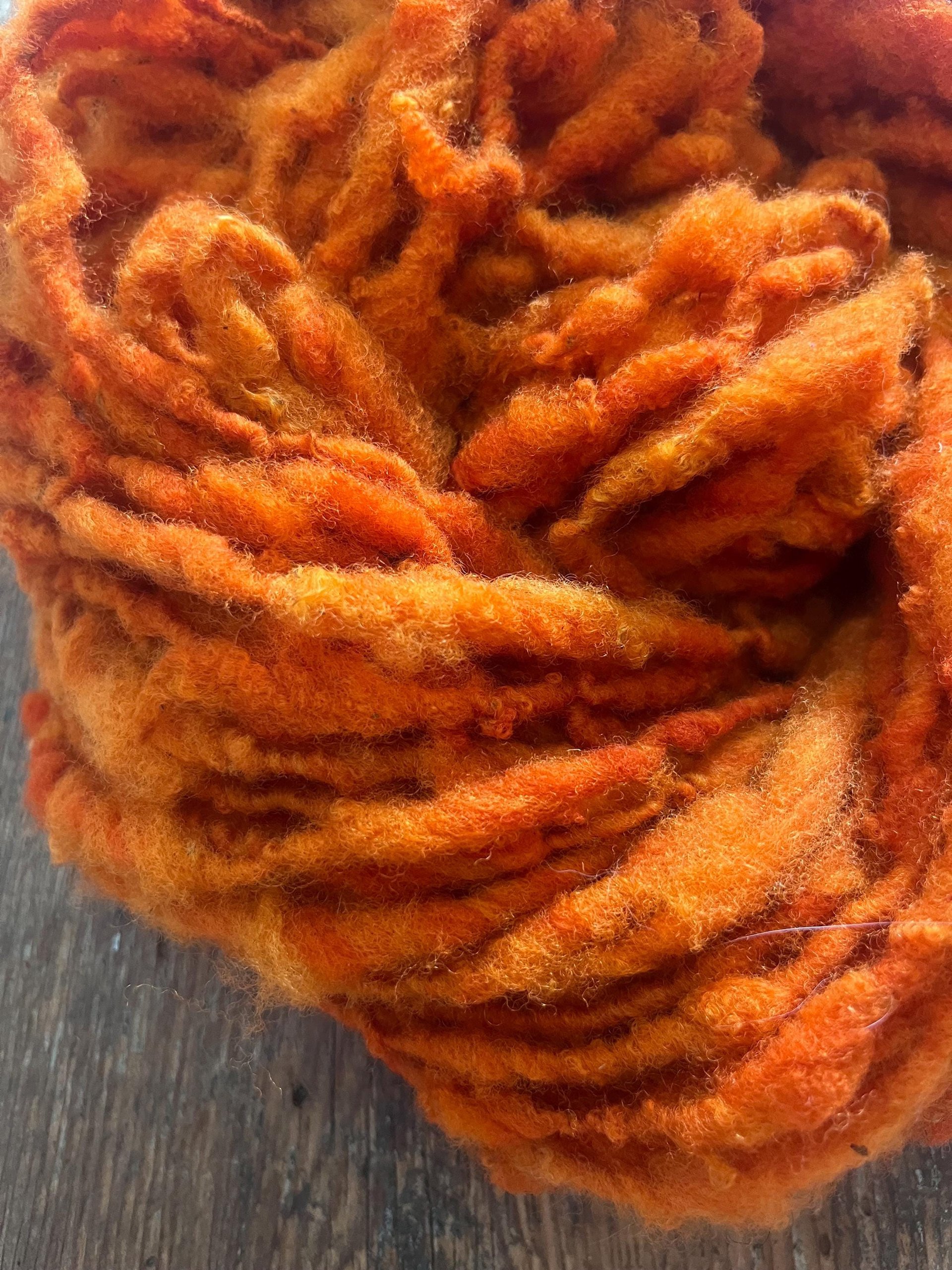 Pumpkin Orange, handspun nubbly squishy chunky handspun Southdown wool art yarn