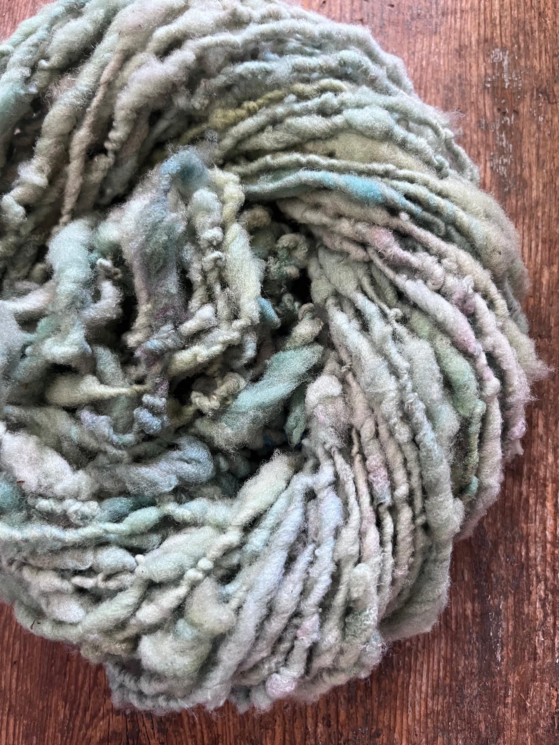 Seafoam green/blue Southdown wool handspun nubbly chunky art yarn