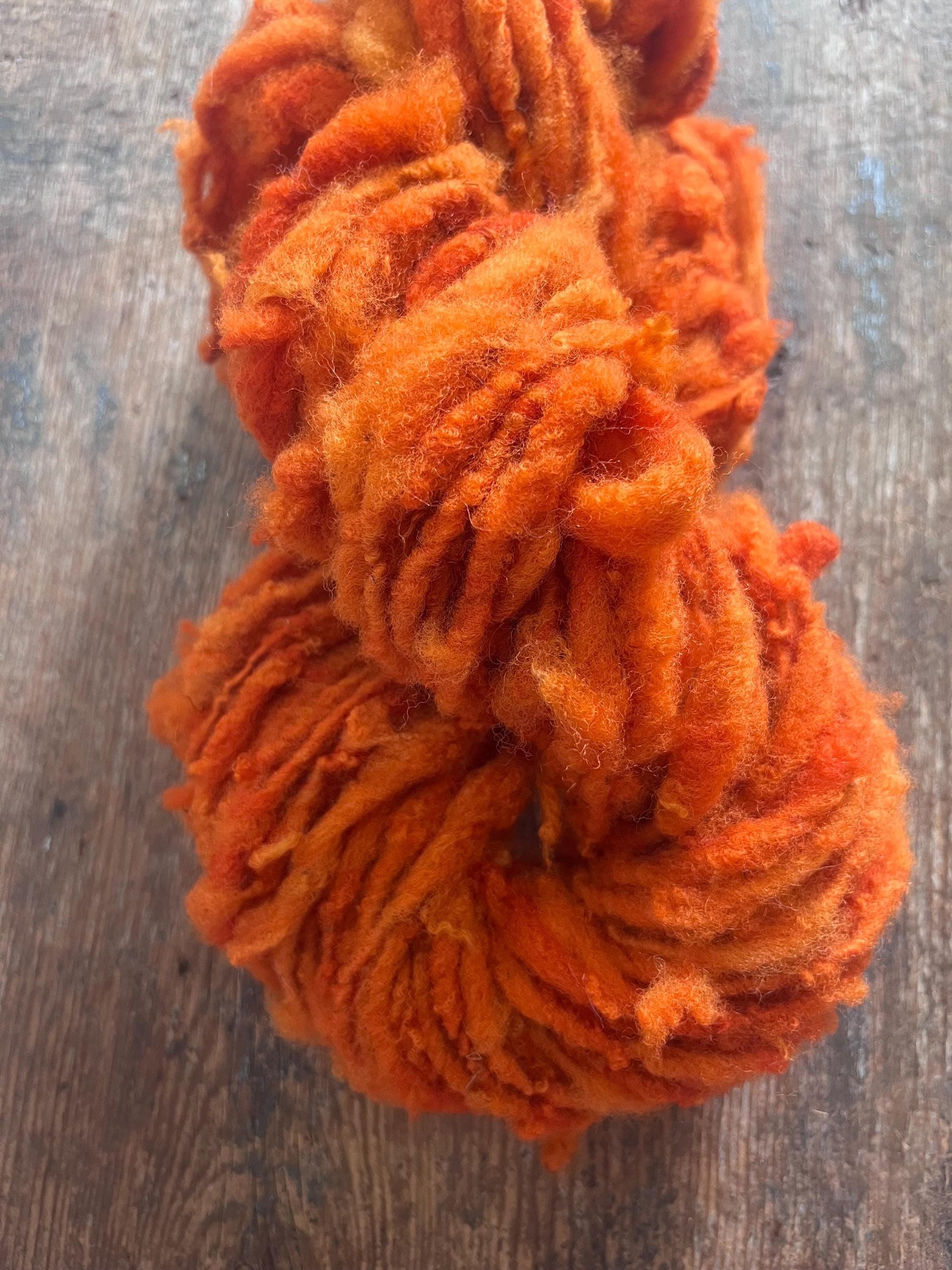 Pumpkin Orange, handspun nubbly squishy chunky handspun Southdown wool art yarn