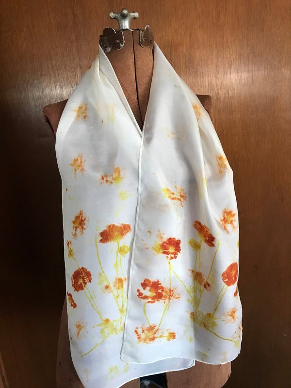 Orange Flowers naturally hand dyed silk scarf