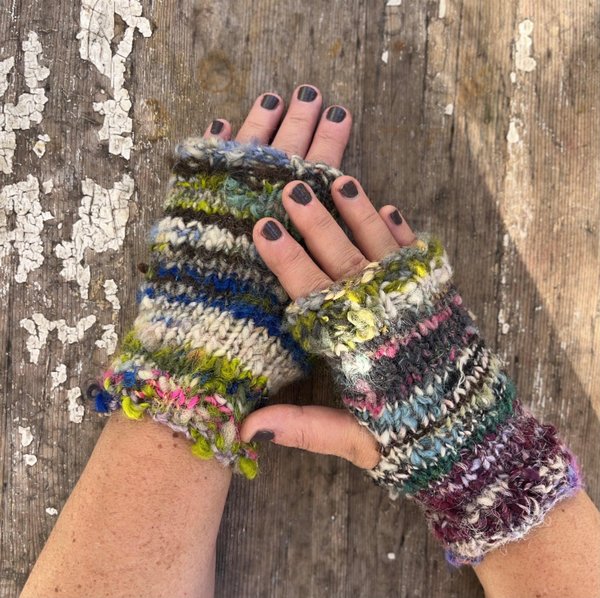 Handspun handknit wristwarmers, scrappy hippie sparkly blues, greens and purples