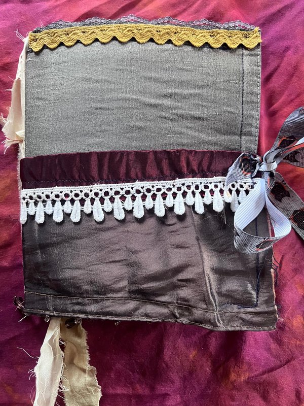 Owls, stars, satin and beaded fringe handmade flexible art journal. Upcycled, luxurious, one of a kind.