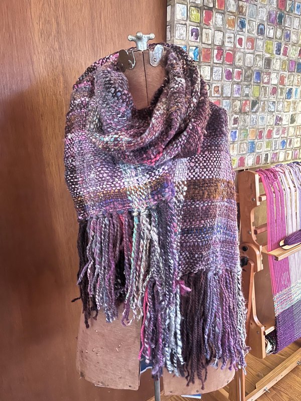 Woven handspun wrap, shawl, scarf, fringed purple handmade bespoke cottagecore artisan wearable art