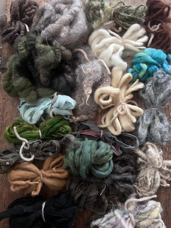 20 Mini Skein Art Yarn Sampler - Greens And Neutrals, Weaving, Junk Journal, Doll Making, Felting